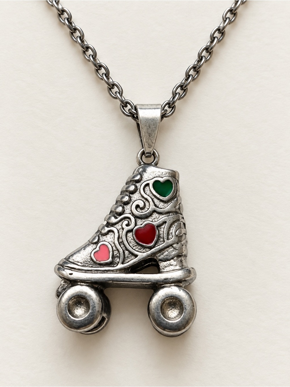 Silver Roller Skate Pendant Necklace with Pink, Red & Green Hearts